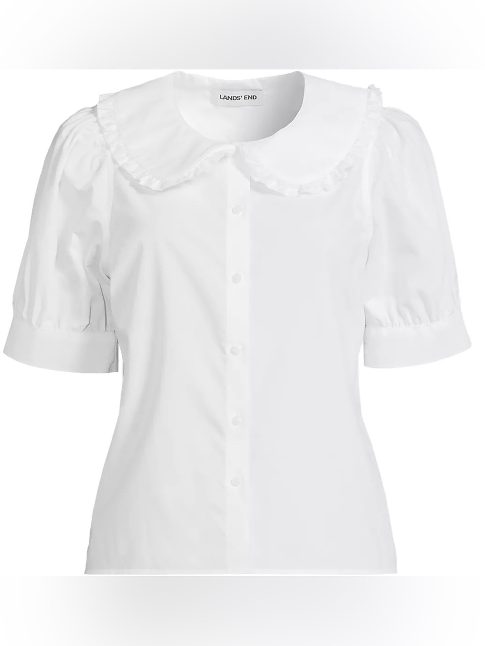 Lands' End White Ruffle Collar Button-Down Blouse